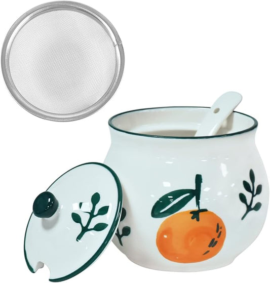 Koythin Ceramic Bacon Grease Container with Strainer, 23 oz Suitable for Storing Frying Oil and Cooking Grease (Tangerine)
