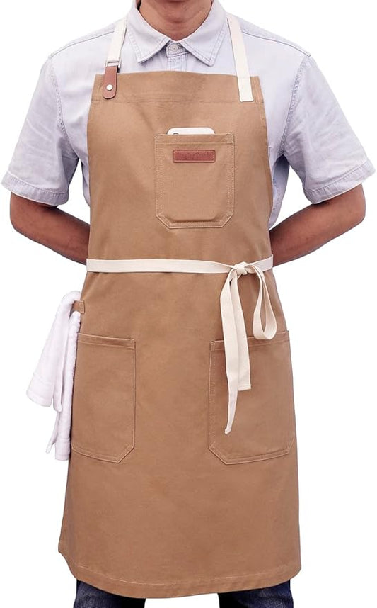 Kitchen Apron with Pockets, Professional Chef Bib Apron for Cooking Grill BBQ Baking Server, with Pockets Towel Loop and Adjustable Neck Straps for Men Women