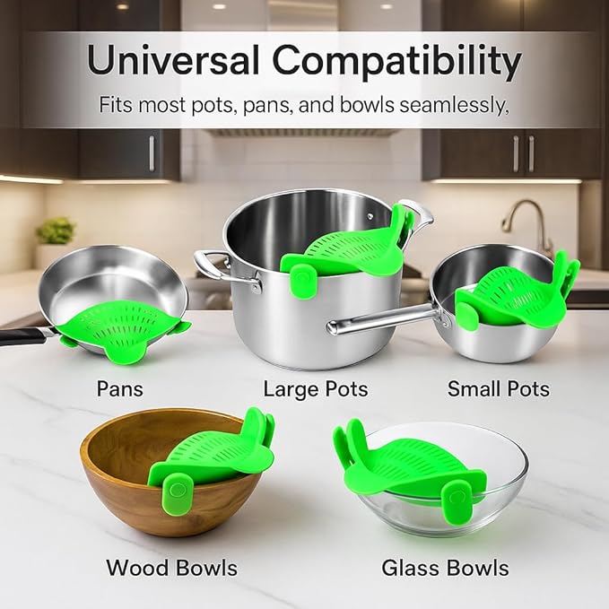 Clip on Strainer Silicone for All Pots and Pans, Colander, Pot Strainer for Pasta, Meat, Vegetables, Space Saving Design, Food-Safe w/Collapsible Funnel, Garlic Peeler, 3 Pack(Lime Green)