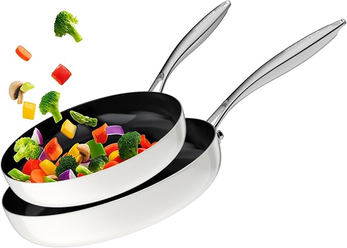 Stackbear Nonstick Frying Pan Ceramic Cookware Set for Cooking (10.4+11.8 Inch), Tri-Ply Stainless Steel Pan, Non Toxic Skillet, PTFE & PFOA Free, Compatible with All Stovetops, Dishwasher & Oven Safe