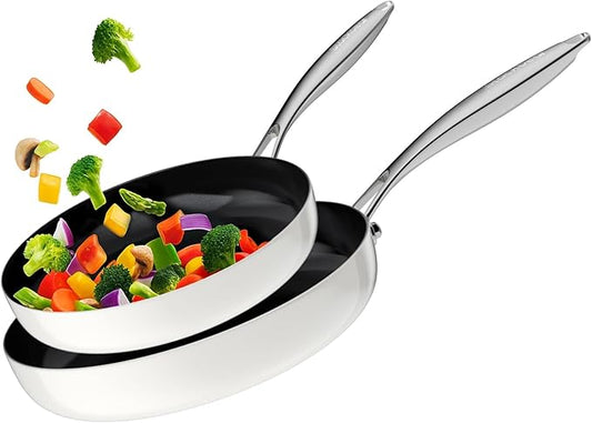 Stackbear Nonstick Frying Pan Ceramic Cookware Set for Cooking (10.4+11.8 Inch), Tri-Ply Stainless Steel Pan, Non Toxic Skillet, PTFE & PFOA Free, Compatible with All Stovetops, Dishwasher & Oven Safe