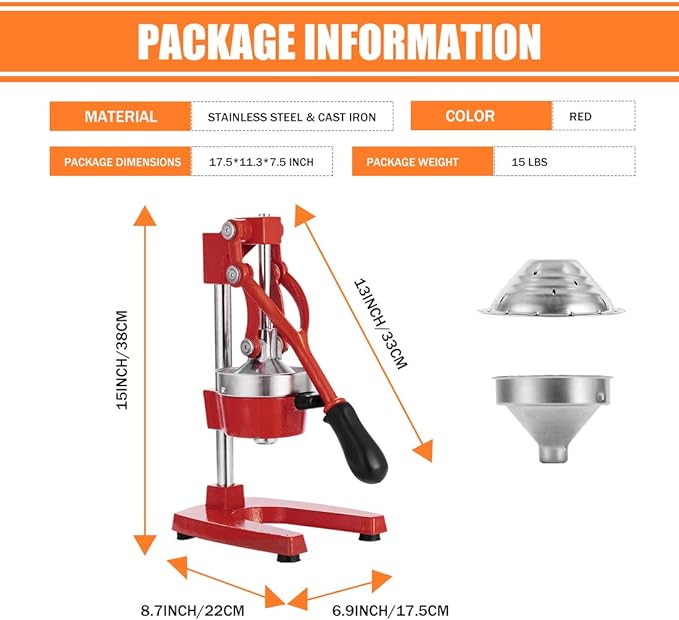 Commercial Heavy Duty Cast Iron Hand Press Manual Orange Citrus Lemon Lime Grapefruit Pomegranate Fruit Juice Squeezer Machine with Stainless Steel Cup Red