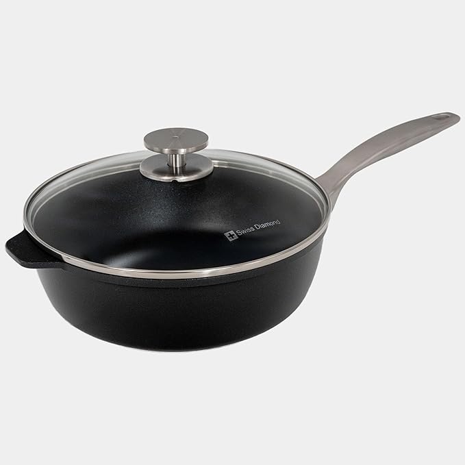 Swiss Diamond Nonstick Hybrid Ceramic and Diamond-Infused Deep Saute Pan With Glass Lid, Dou Ceramic, Dishwasher & Oven Safe Up To 500 °F (3.2 Quart)
