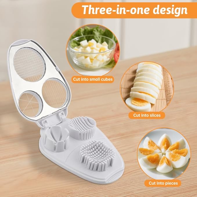 3 In 1 Egg Slicer for Hard Boiled Eggs, 3 Slice Modes Stainless Steel Egg Cutter, Eggs Dicer Kitchen Chopper Tool for Eggs, Butter, Strawberry, Tomato, Mushroom, and Grape, Dishwasher Safe