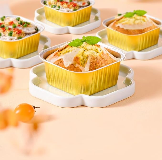 Lewarm 14 oz Mini Cake Pans with Lids, Square Muffin Pans, Multi-purpose Aluminum Baking Cups, Premium Dessert Cups, Creme Brulee Ramekins Oven Safe, 60 Pack