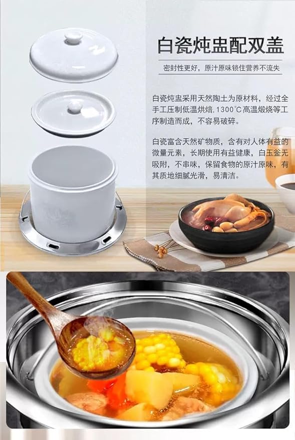 YONGXING 9L Electric Stew Cooker with Ceramic Water-Bath Insert, Stainless Steel Inner Pot, Dual Cooking Modes, 24H Timer, 7-Level Keep Warm, Slow Soup Maker for Home Restaurant, DYG-35AF