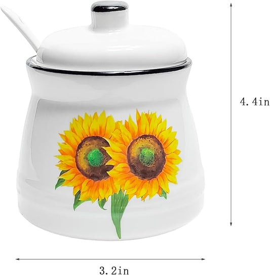 Sunflower Sugar Container Ceramic Sugar Bowl with Lid and Spoon Sugar Jar for Coffee Bar Kitchen Decor and Accessories 12oz (Sunflower)