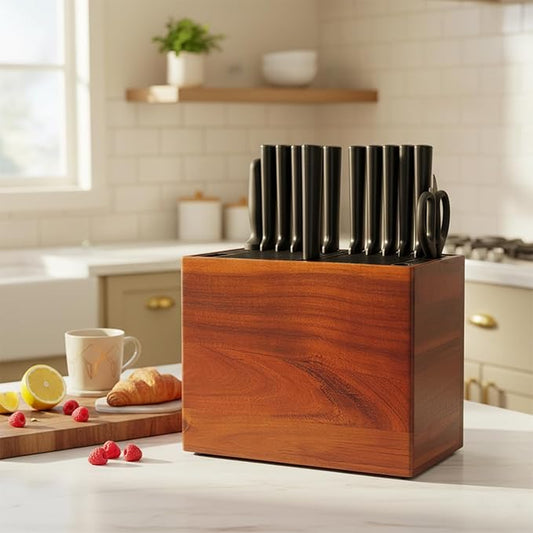 XXL Detachable Universal Knife Block for 28+ Knives, Acacia Wood Holder with Unique Easy-Clean Slots, Hygienic Countertop Storage, Dual Slots for Scissors & Sharpening Rod