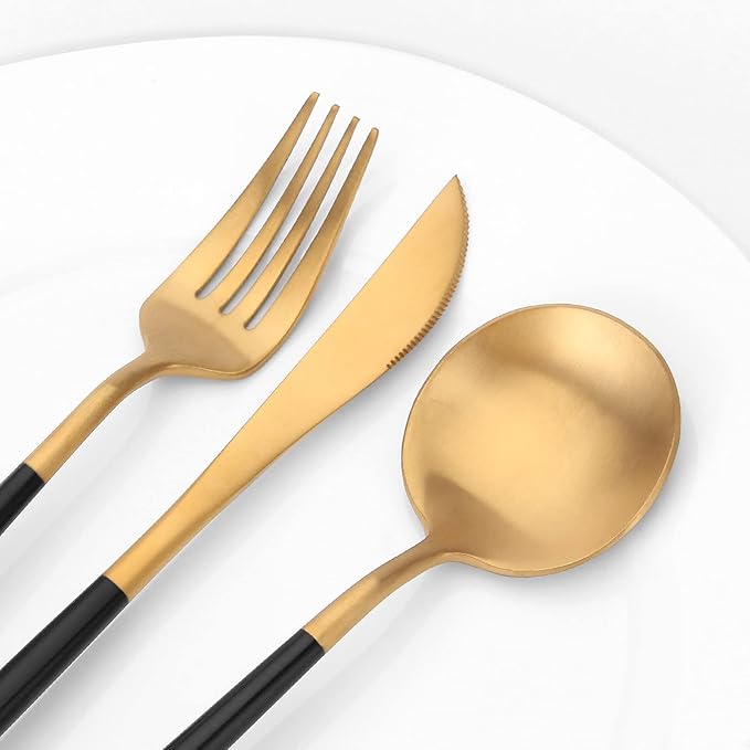 Matte Gold Silverware Set with black handle, Vanys 30 Piece Stainless Steel Cutlery Flatware Set, Kitchen Utensil Sets for 6, Tableware With Knife Spoons And Forks Set, Satin Finished Polished