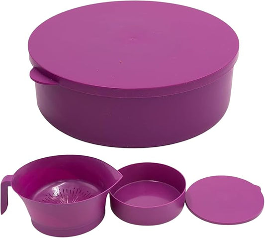Colander Grease Strainer With Handle And Container, Catch Bowl With Lid 3 Piece Strain Set | Strains Ground Beef, Bacon & Pasta | Safe Kitchen Gadget BPA Free | Made In The USA (Purple)