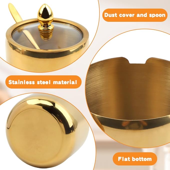10oz Sugar Bowl with Lid and Spoon, Durable Sugar Pot for Coffee Bar Accessories, Stainless Steel Holder Jar for Salt, Tea, Candy, Home and Kitchen Storage(Gold)