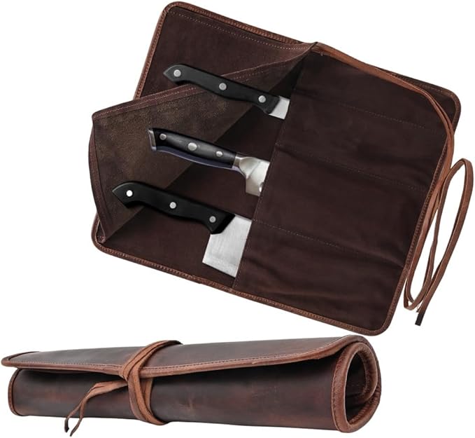 Autentico Genuine Buffalo Leather Small Knife Case Holder Chef's Knife Roll Holder Cutlery Sheath Carrying Case Organizer Storage Bag Travel Friendly Artist Gift for Men & Women Teak
