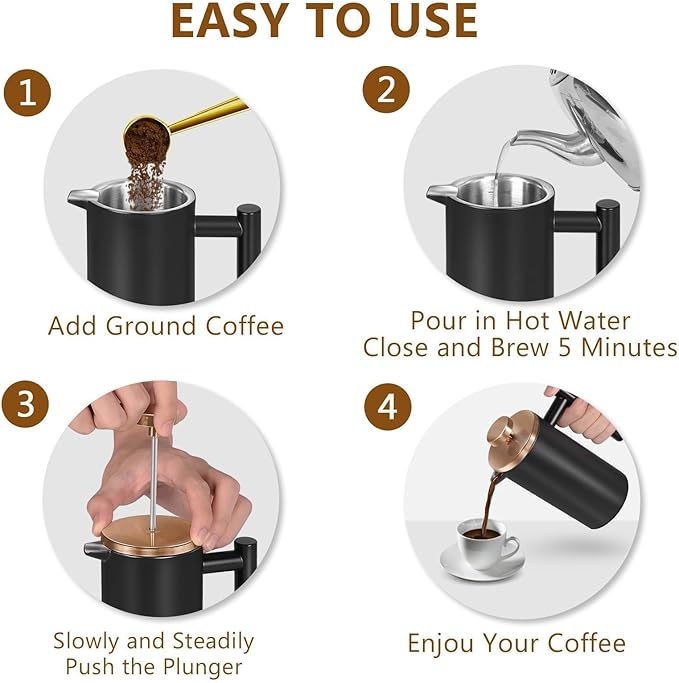 WORBIC Black Mini French Press Coffee Maker 12oz, Single Cup French Press with Rose Gold Lid, 3 Extra Filters & 1 Gold Spoon(350ml Compact Travel Size) Dishwasher Safe