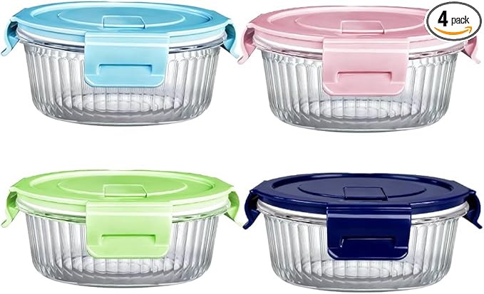 Small Round Glass Food Storage Containers with Lids, 1.5 Cup Round Food Containers set BPA-Free, 12oz Glass Lunch Bowls for Soup Leftover, Microwave, Dishwasher and Freezer Safe (4pack)