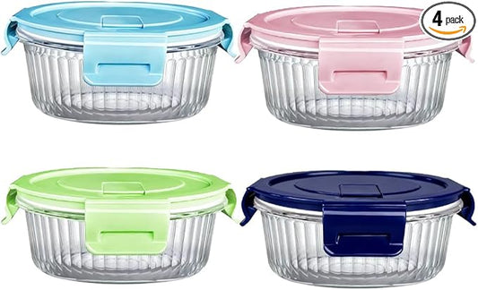 Small Round Glass Food Storage Containers with Lids, 1.5 Cup Round Food Containers set BPA-Free, 12oz Glass Lunch Bowls for Soup Leftover, Microwave, Dishwasher and Freezer Safe (4pack)