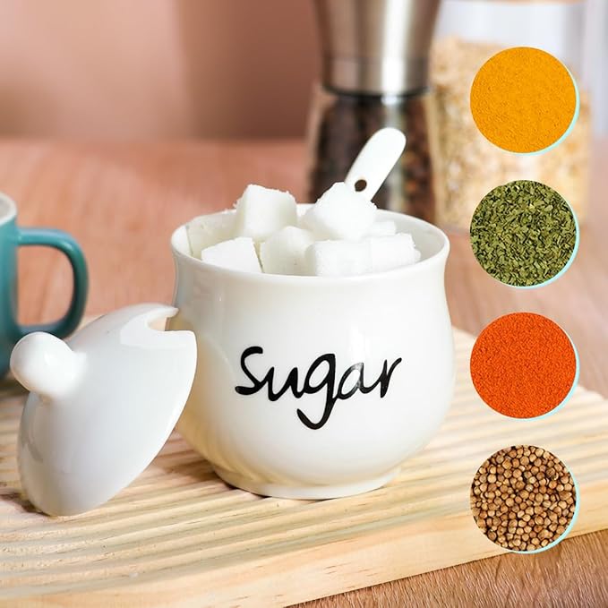 Ceramic Sugar Bowl with Lid and Spoon,Porcelain Sugar Jar Sugar Dispenser,White Sugar Container for Coffee Bar Home and Kitchen Decor 7 Ounces