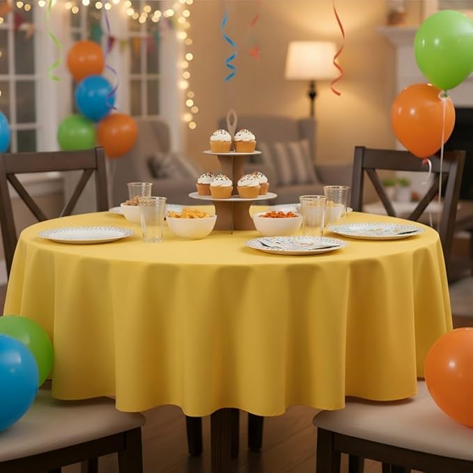 sancua Round Tablecloth - 80 Inch - Water Resistant Spill Proof Washable Polyester Table Cloth Decorative Fabric Table Cover for Dining Tables, Buffet Parties and Camping, Yellow