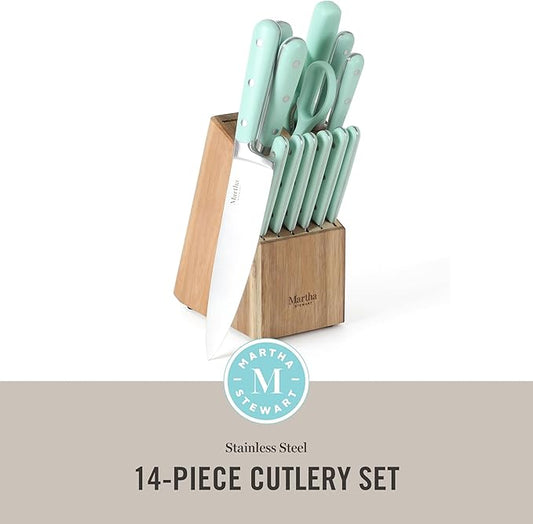 MARTHA STEWART Eastwalk 14 Piece High Carbon Stainless Steel Cutlery Knife Block Set w/ABS Triple Riveted Forged Handle Acacia Wood Block - Martha Blue