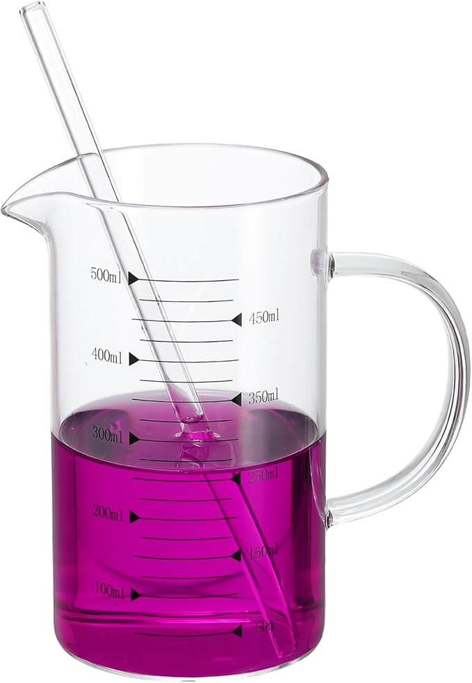 PATIKIL 500ml Glass Measuring Cup, Borosilicate Glass Beaker Graduated Liquid Measure Cups with Straw V-Shaped Spout for Kitchen Drinking Restaurant, Black Printed Scale