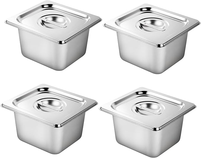 West Bay 4 Pack 1/6 Size Hotel Pan with Lids, 4'' Deep Steam Table Pan with Lid, 7''L x 6.5''W Stainless Steel Pans for Home, Party, Hotel, Buffet