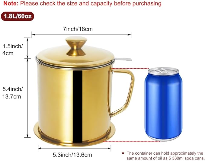 Tellshun Bacon Grease Container with Strainer 1.8 L / 60 oz Kitchen Catcher Food-grade Stainless Steel Cooking Oil Keeper with Lid and Easy-Grip Handle Suitable for Storing Frying Oil