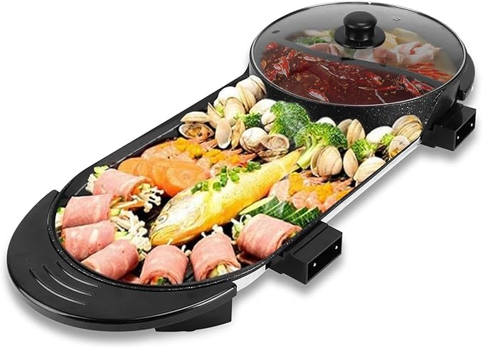 KOCASO 2200W 2-in-1 Electric Hot Pot & Non-Stick BBQ Grill, Smokeless Indoor Grill and Shabu Shabu Hot Pot with Dual Independent Temp Control, 5 Heat Settings, for 2-8 People Family Gatherings