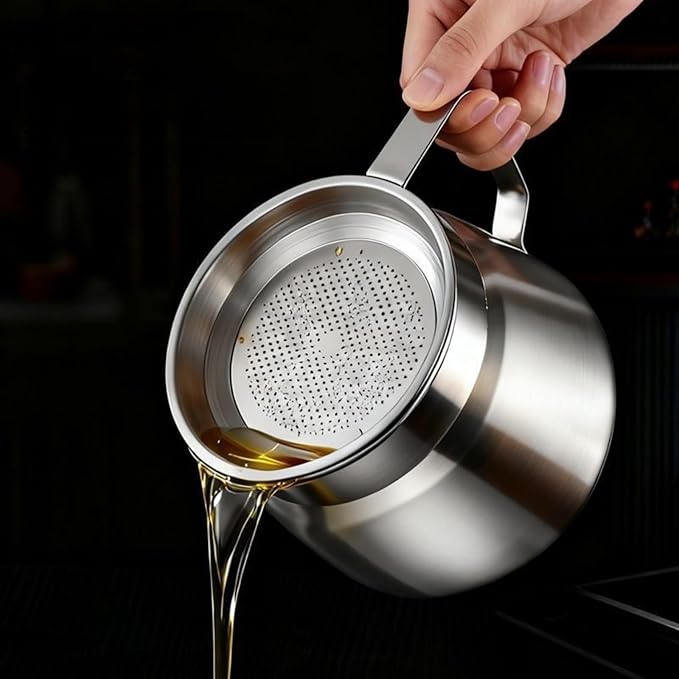 Stainless Steel Bacon Grease Container With Strainer, 2L/68oz Oil Container With Dust-proof Lid For Kitchen Storing Frying Cooking Grease
