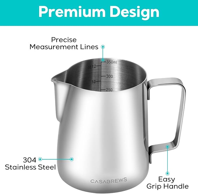 CASABREWS CASMP350 Milk Frothing Pitcher, Stainless Steel Steaming Pitcher with Sharp Spout, 350ml (12oz) Milk Frother Cup for Cappuccino or Latte Art, Espresso Machine Accessories for Barista