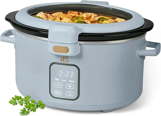 Beautiful 4-Qt Programmable Slow Cooker with Hinged Locking Lid & Touch Display – 3 Heat / 4 Timer Settings (Cornflower Blue)