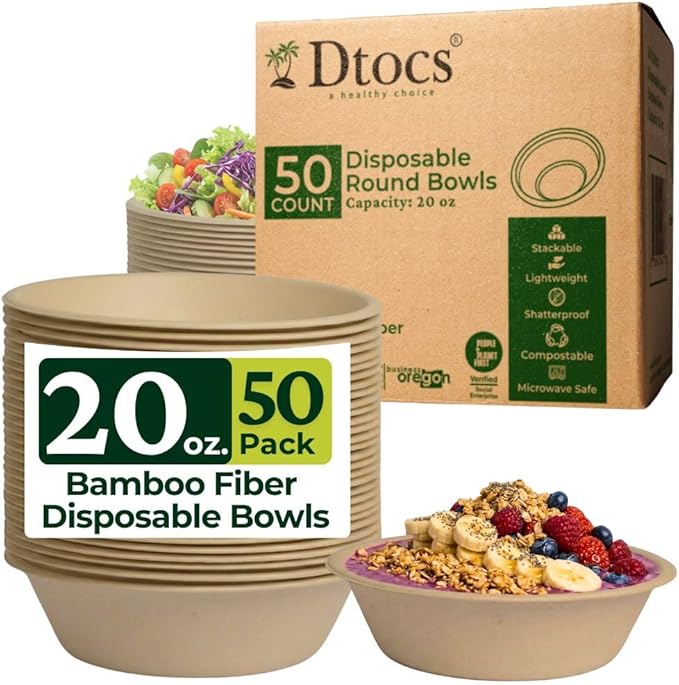 Dtocs Bamboo Fiber Disposable Bowls – 20 Oz, 50 Pk | Bamboo Round Bowl | Microwavable Bagasse Bowl like Soup, Cake, Salsa, Salad bowls | Disposable Dinnerware Sub Paper, Plastic, Styrofoam, Leaf