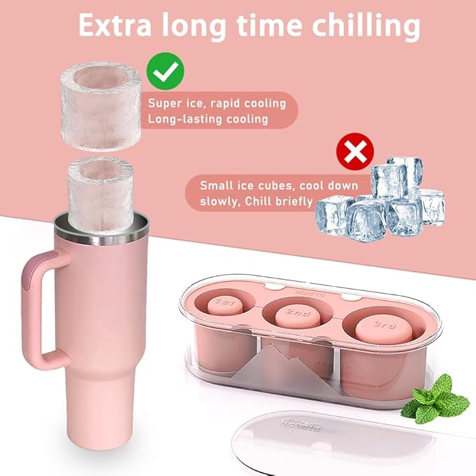 2PC Ice Mold for Stanley Cup 30/40 Oz - Easy Fill and Release Without Touching Ice, Silicone Ice Cube Tray with Clear Lid and Bin for Freezer, Whiskey, Cocktail (Pink+Pink)