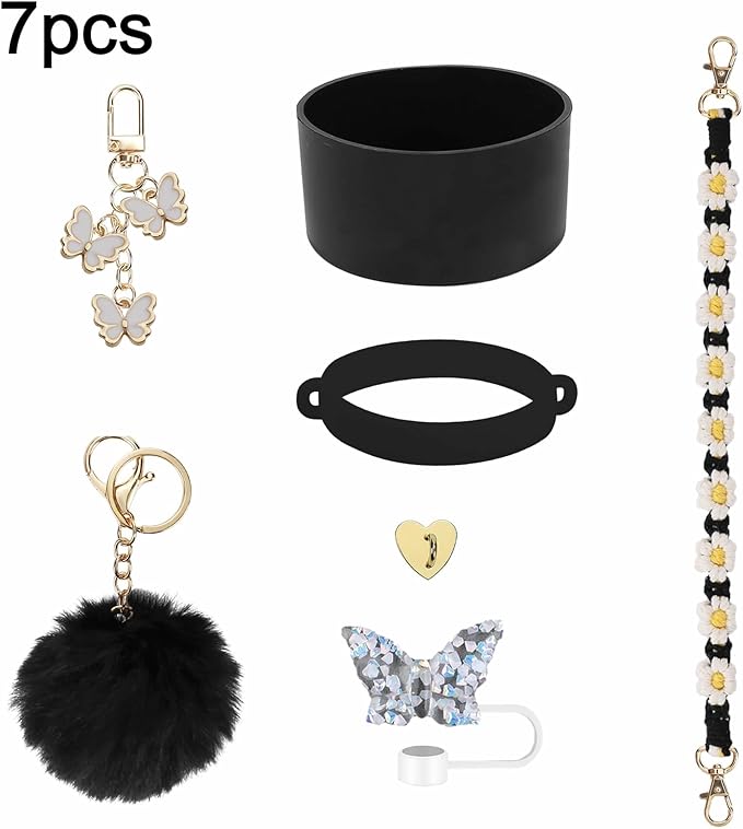 Accessories Set Including Water Bottle Handle Strap, Silicone Boot, Resin Butterfly Straw Cover, Straw Topper, Lip Balm Sleeve, Butterfly & Hairball Charms for Stanley Cup Tumbler
