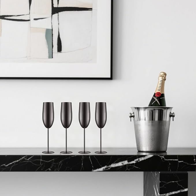Stainless Steel Champagne Flutes Set of 4-Wedding &Birthday Gifts,8.5 Oz Unbreakable Champagne Glass with Long Stem,Reusable Indoor Outdoor Drinkware (Black)