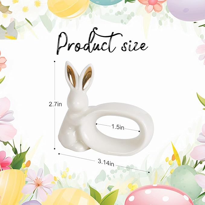 Ceramic Bunny Napkin Rings Set of 6, White Easter Rabbit Napkin Holder Ring with Gold Ear for Easter Day, Spring, Wedding, Party, Family Gathering, Dinner Table Decoration