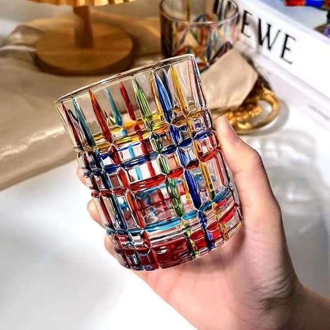 Set of 6 or 5 Hand-painted Colorful Glass Tumblers, Drinking Glassware, Cocktail Glasses for Iced Coffee Juice Tea Beverage Milk Wine With Artistic Design