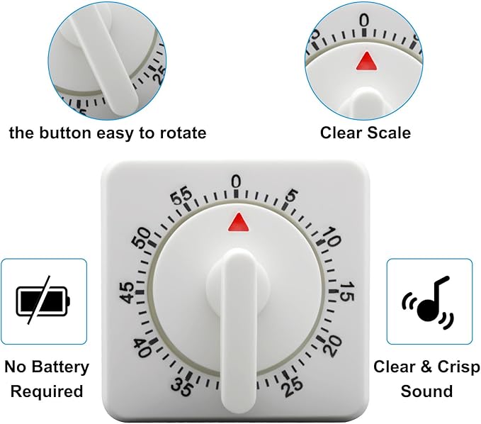Hitefu 2 Pcs Square 60 Minute Mechanical Kitchen Timer, Visual Cooking Timer with Loud Alarm & No Batteries for Classroom/Home (White)