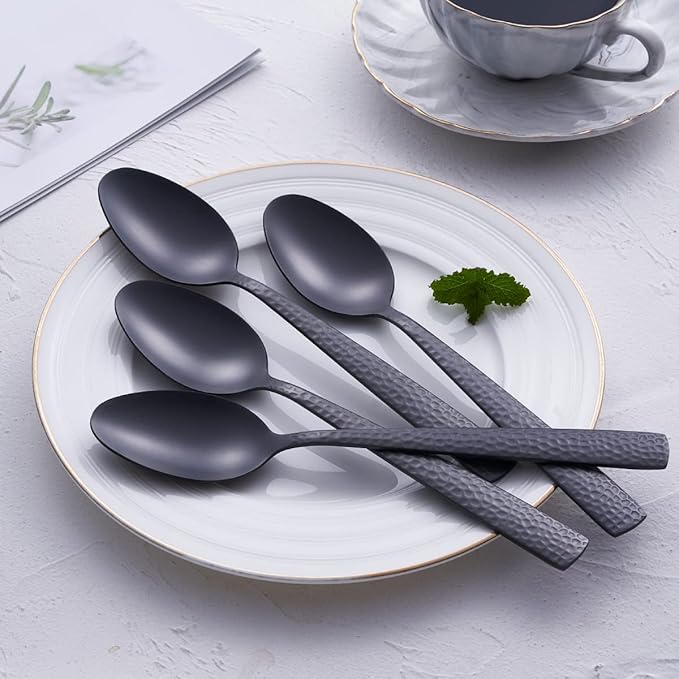 Matte Black Dinner Spoon Set of 6, FULLYWARE 8.0 inches Stainless Steel Black Spoon Silverware, Satin Finish.