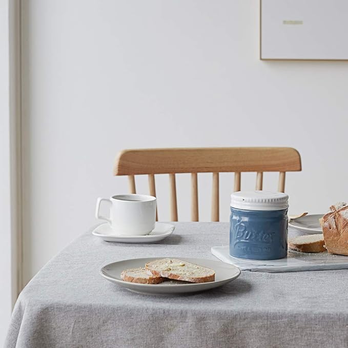 DOWAN Porcelain Butter Keeper Crock, French Butter Dish with Lid, Embossed Butter Container for Soft Butter, Big Capacity & Humanized Water Line, Airy Blue