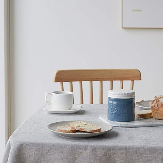 DOWAN Porcelain Butter Keeper Crock, French Butter Dish with Lid, Embossed Butter Container for Soft Butter, Big Capacity & Humanized Water Line, Airy Blue
