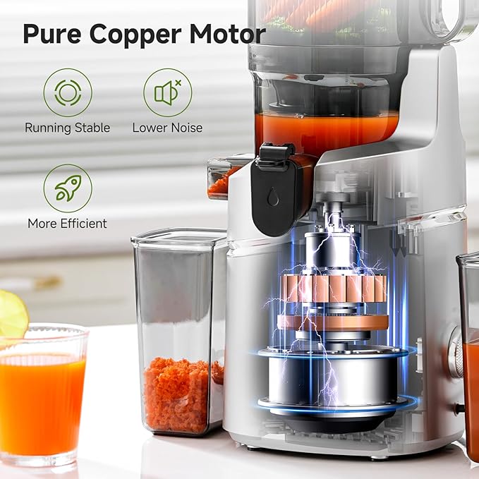 AMZCHEF Juicer Machines, 5.8" Extra Self-Feeding Cold Press Juicer for Whole Vegetable & Fruit, Juice Extractor Machine with Large Auger & Triple Strainers, Easy to Clean, High Juice Yield, Silver
