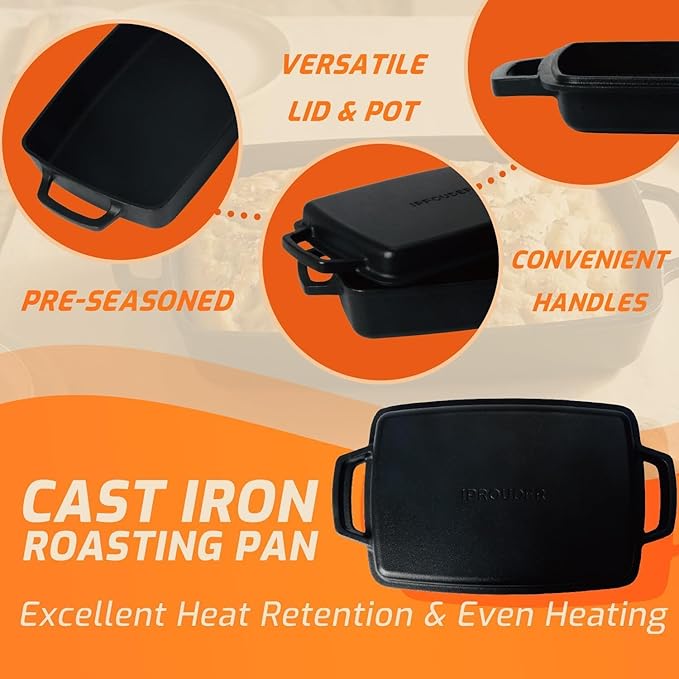 IPROUDER 2-in-1 Pre-Seasoned Cast Iron Casserole Dish with Skillet Lid, Cast Iron Dutch Oven, Rectangular Baking Pan, Baking Dish for Lasagna, Sourdough Bread,13"x9"