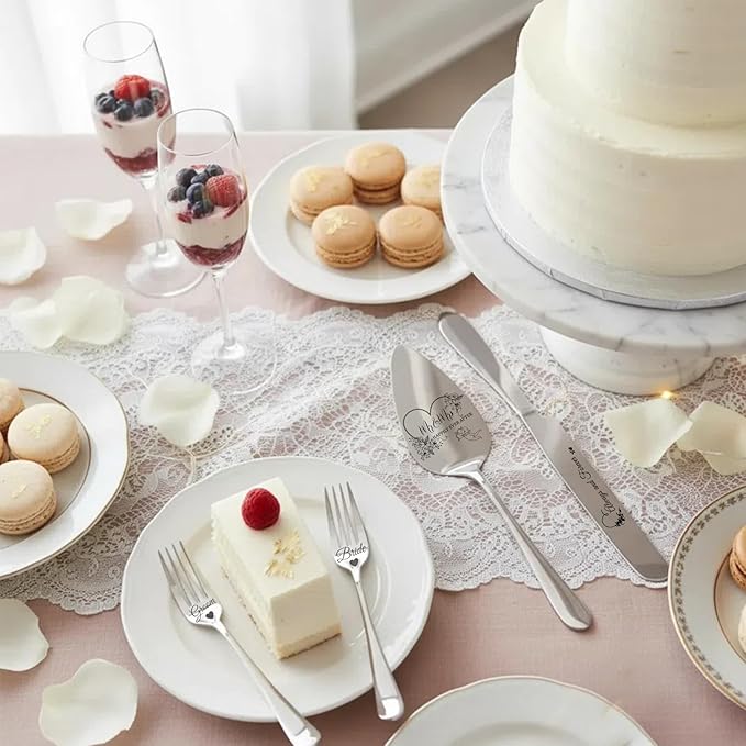 4 Pieces Wedding Cake Cutting Set Knife and Forks Set Wedding Cake Knife and Server Set Sliver Forks Engraved Mr. and Mrs.for Engagements, Anniversaries, Bride and Groom (Silver GROOM&BRIDE)