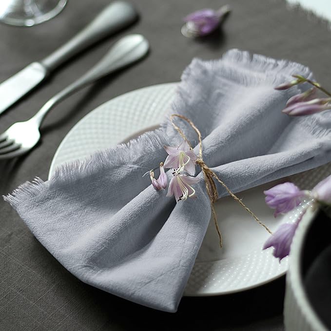 Handmade Cloth Napkins 100% Cotton Napkins with Fringe，Delicate Handmade Cloth Napkins for Dinners, Parties, Weddings and More，18 x 18 Inch Set of 12 - Light Grey