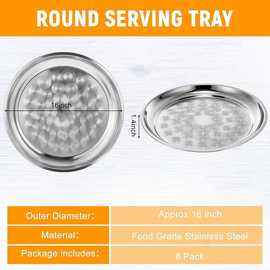 8 Pack Stainless Steel Round Serving Tray with Swirl Pattern Bulk Large Round Tray Silver Metal Display Serving Platter for Coffee Party Club Home (16 Inch)