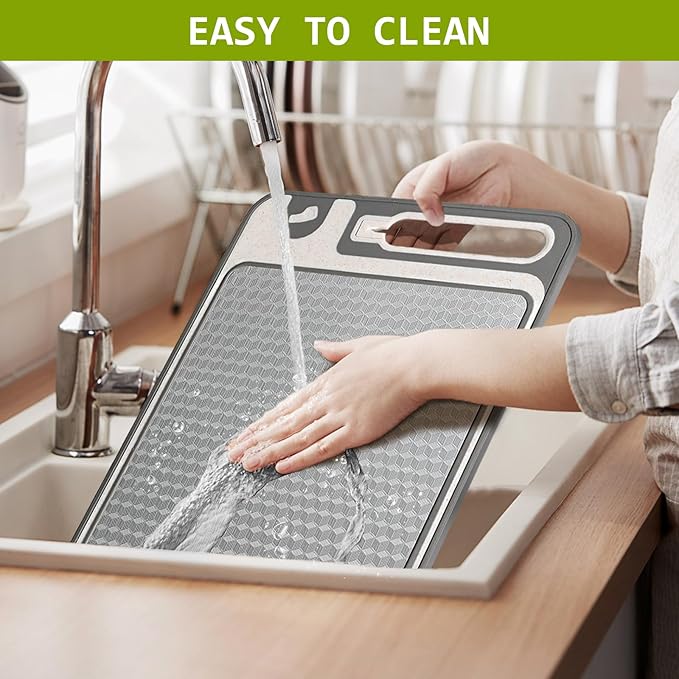 NTIERA 3-in-1 Stainless Steel Cutting Board for Kitchen, Double Sided,Non Toxic Cutting Board,Scratch-Resistant Mesh Design with Juice Groove,Easy Clean,Wheat Straw PP Large Chopping Board (15''*10'')