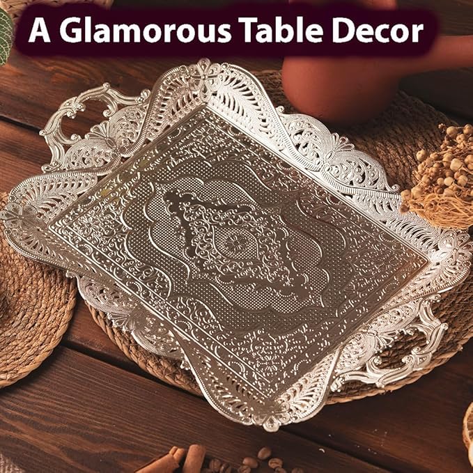 Silver Metal Turkish Coffee Tea Serving Tray Table Decor Decorative Handle Rectangular Home Kitchen Brass Style Fancy Antique Silver Vintage Outdoor Wedding Rectangle Decor Unique Tray
