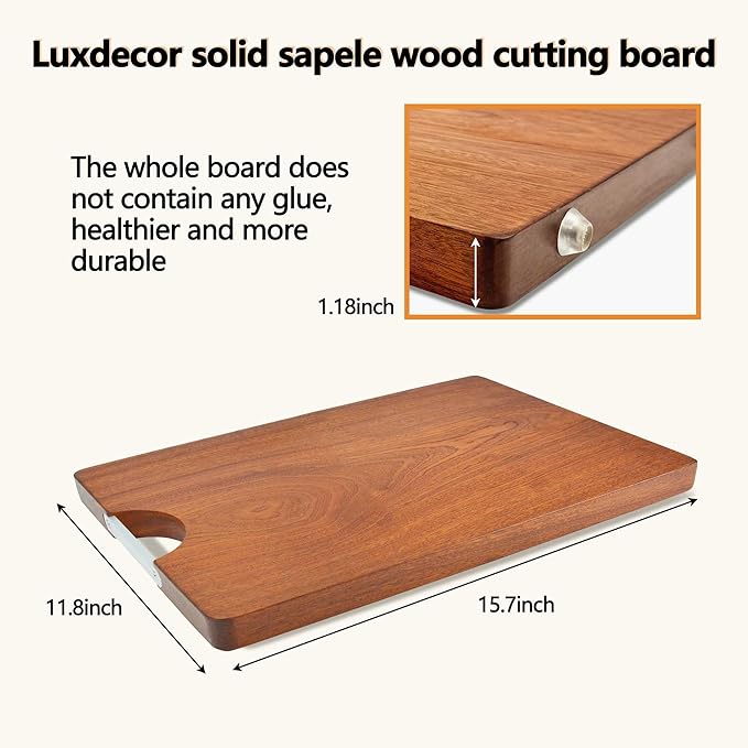 Solid Wood Cutting Board One Piece Cutting Boards Made of Entire Piece Sapele Wood, Hardwood Cutting Board Heavy Duty 15.7 * 11.8 * 1.2in (No Glue)