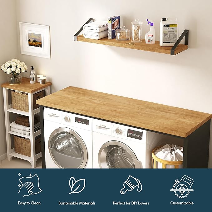60''L x 36''W x 1.5''Th Hevea Light Brown Premium Solid Wood Butcher Block Countertop, Butcher Block Table Top for DIY Washer Dryer/Island/Kitchen Countertop (Finished)