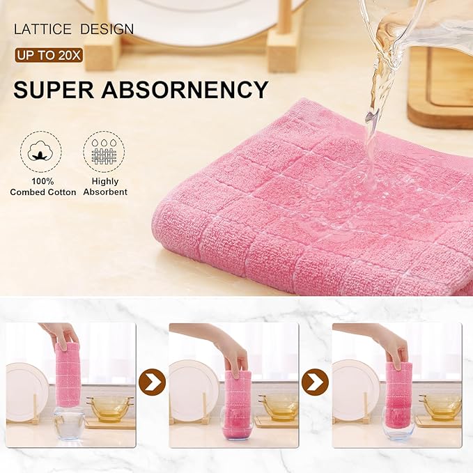 Mordimy 100% Cotton Terry Cloth Kitchen Towels, Super Soft and Absorbent Dish Towels for Drying, Checkered Designed Hand Towels for Kitchen, 16 x 26 Inches, 6 Pack, Pink