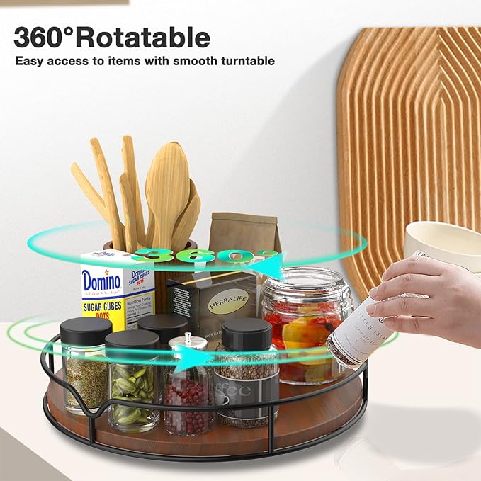 Lazy Susan Turntable Organizer with Anti-slip Mat for Cabinet Pantry Kitchen Countertop Refrigerator Office, Pine Wood, 10", Brown